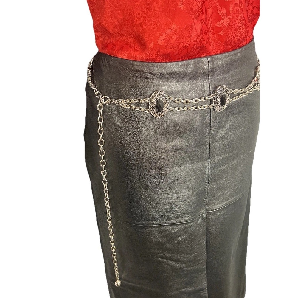 Silver Toned Black Jeweled Crystal Chain Adjustable Fashion Statement Belt